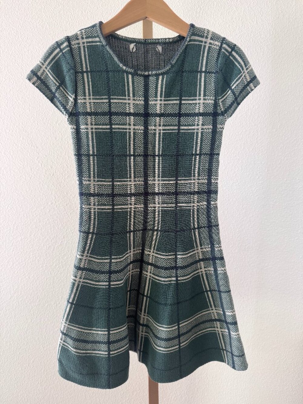 Little Girls Plaid Knit Dress Green Cream Check Short Sleeve Casual Mini